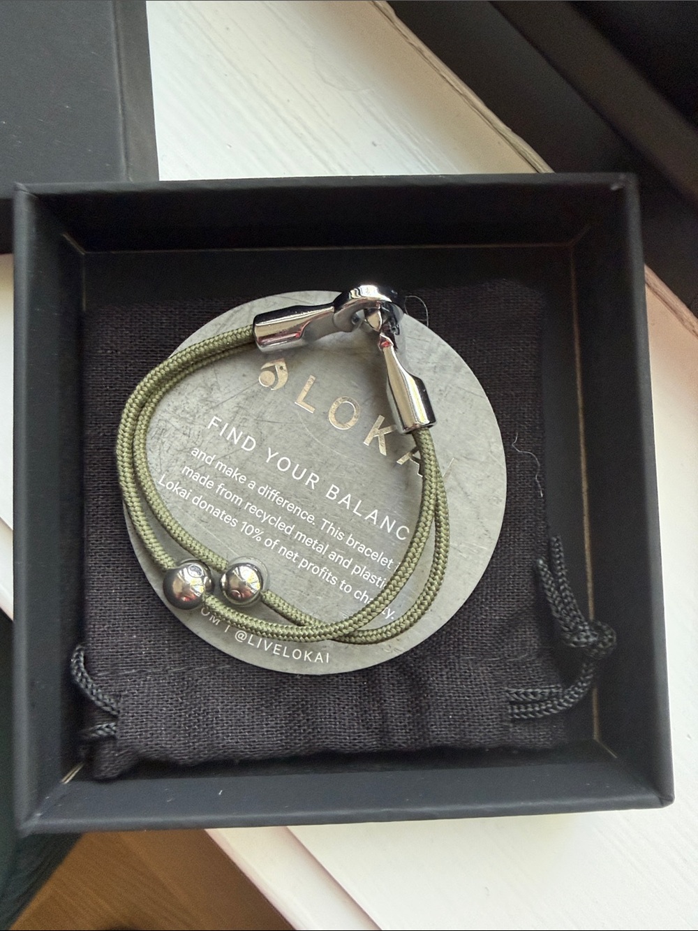 Lokai Olive Green Cord Bracelet with Silver Accents